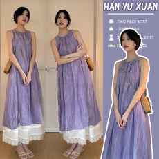 批发 孕妇装 多巴胺甜美风海边度假茶歇法式紫色无袖连衣裙子夏季