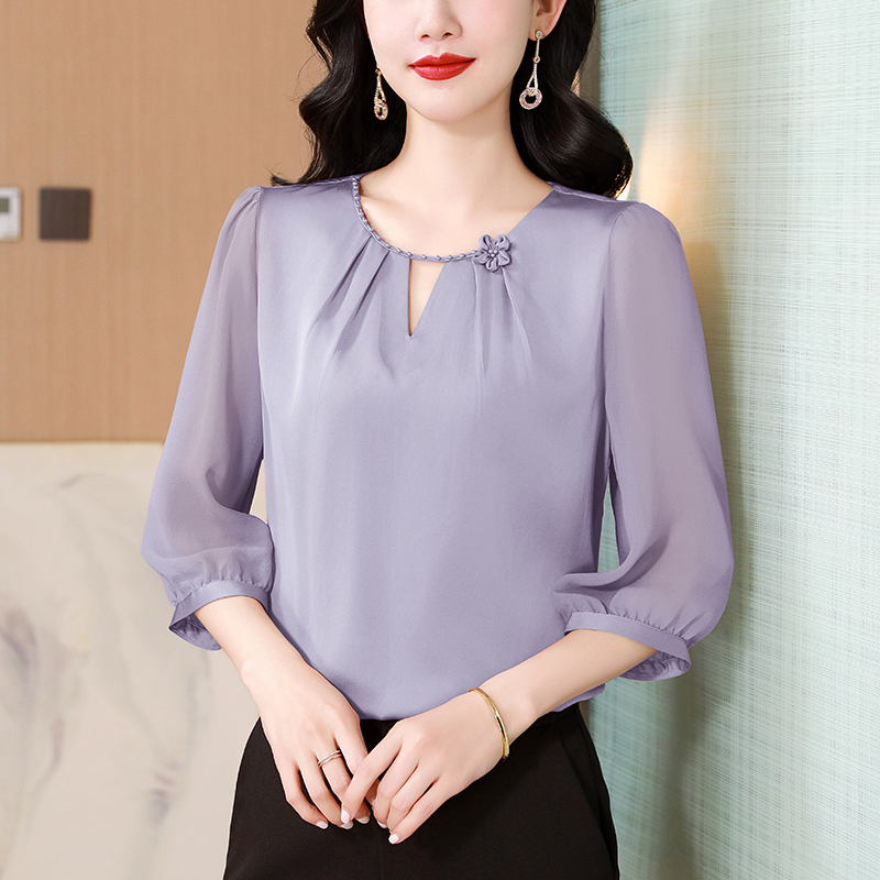 MY7843# 高品质纯色重磅真丝上衣女夏季新款花边领小衫时尚桑蚕丝t恤女裝貨源服裝批發