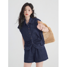 批发韩版时尚牛仔<b class='q'>套装</b>女2026夏季新款复古翻领褶皱衬衫阔腿<b class='q'>短裤</b>两件套