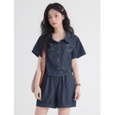 批发深蓝色牛仔<b class='q'>短裤</b><b class='q'>套装</b>女2026夏季薄款减龄百搭短袖牛仔衬衫两件套