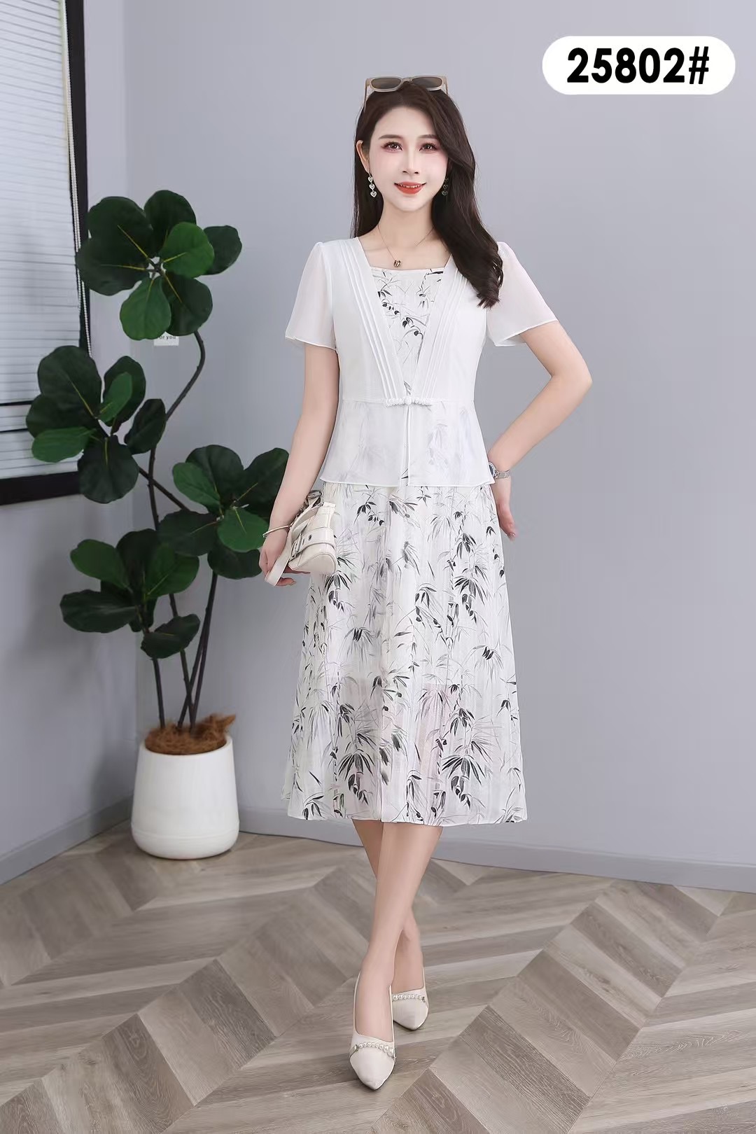 MY14380# 夏季新款时尚气质显瘦洋气减龄假两件短袖连衣裙女裝貨源服裝...