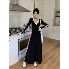 批发大码胖mm春季条纹V领长袖t恤打底裙连衣裙女韩版高级感a字长裙子