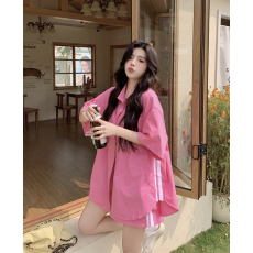 批发粉色短袖衬衫减龄套装女夏季新款可盐可甜时尚宽松短裤休闲两件套