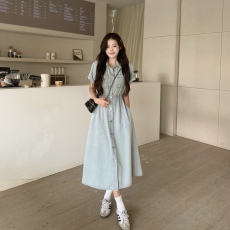 批发大码女装夏季短袖开衫牛仔<b class='q'>连衣裙</b>2026新款胖mm收腰显瘦中长裙子