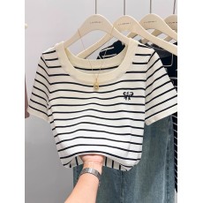批发<b class='q'>黑白条纹</b>正肩短袖针织衫女<b class='q'>t</b><b class='q'>恤</b>冰丝薄款夏独特别致蝴蝶结刺绣上衣