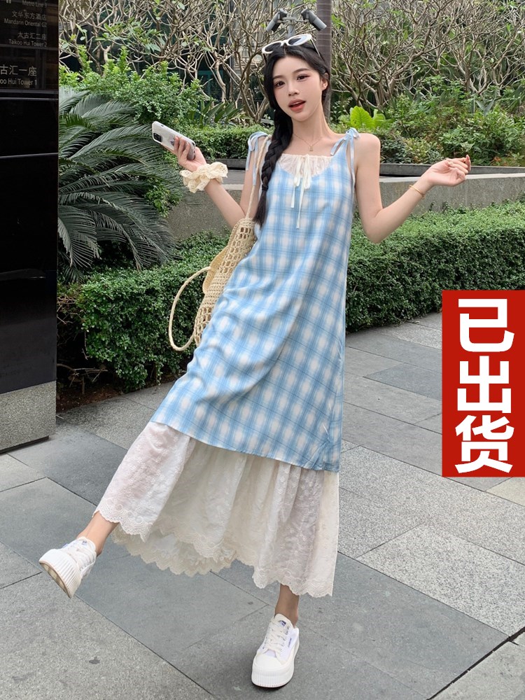 MY10385# 夏季新款胖mm假两件拼接显瘦刺绣A字裙蕾丝小众长裙子女女裝貨源服裝批發