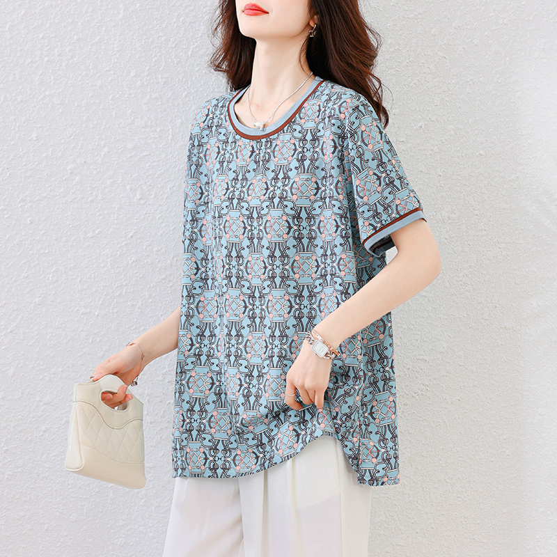 MY15745# 夏季新款大码女装时髦洋气雪纺上衣胖mm宽松显瘦短袖T恤女裝貨源服裝批發