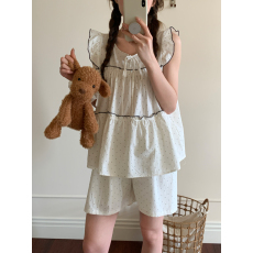 实拍实价韩系纯棉圆点休闲荷叶木耳边家居服睡衣套装睡裙连衣裙