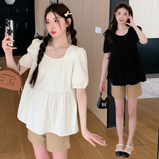 批发实拍孕妇装套装<b class='q'>夏</b>装2026新款<b class='q'>夏</b>方领雪纺上衣+短裤两件套宽松