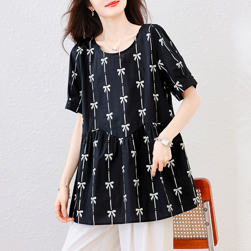 MY15744# 夏季新款大码女装显瘦高级感印花胖mm设计短袖上衣女女裝貨源服裝批發