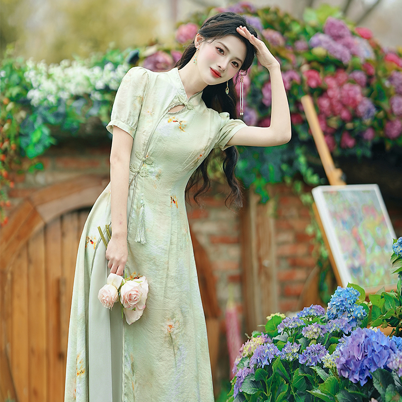 RY3096# 新款实拍  新中式复古印花收腰气质显瘦改良旗袍连衣裙+40