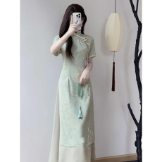 批发江洛新中式改良绿色奥黛旗袍年轻款少女日常收腰显瘦<b class='q'>连衣裙</b>