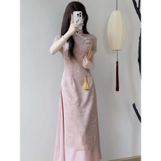 批发粉色恋人粉色旗袍新中式改良年轻款少女高级感<b class='q'>连衣裙</b>日常可穿