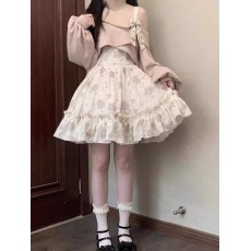 批发茶歇法式蔷薇碎花杏粉玫瑰<b class='q'>吊带</b>裙+粉色外套优雅连衣裙新款两件套