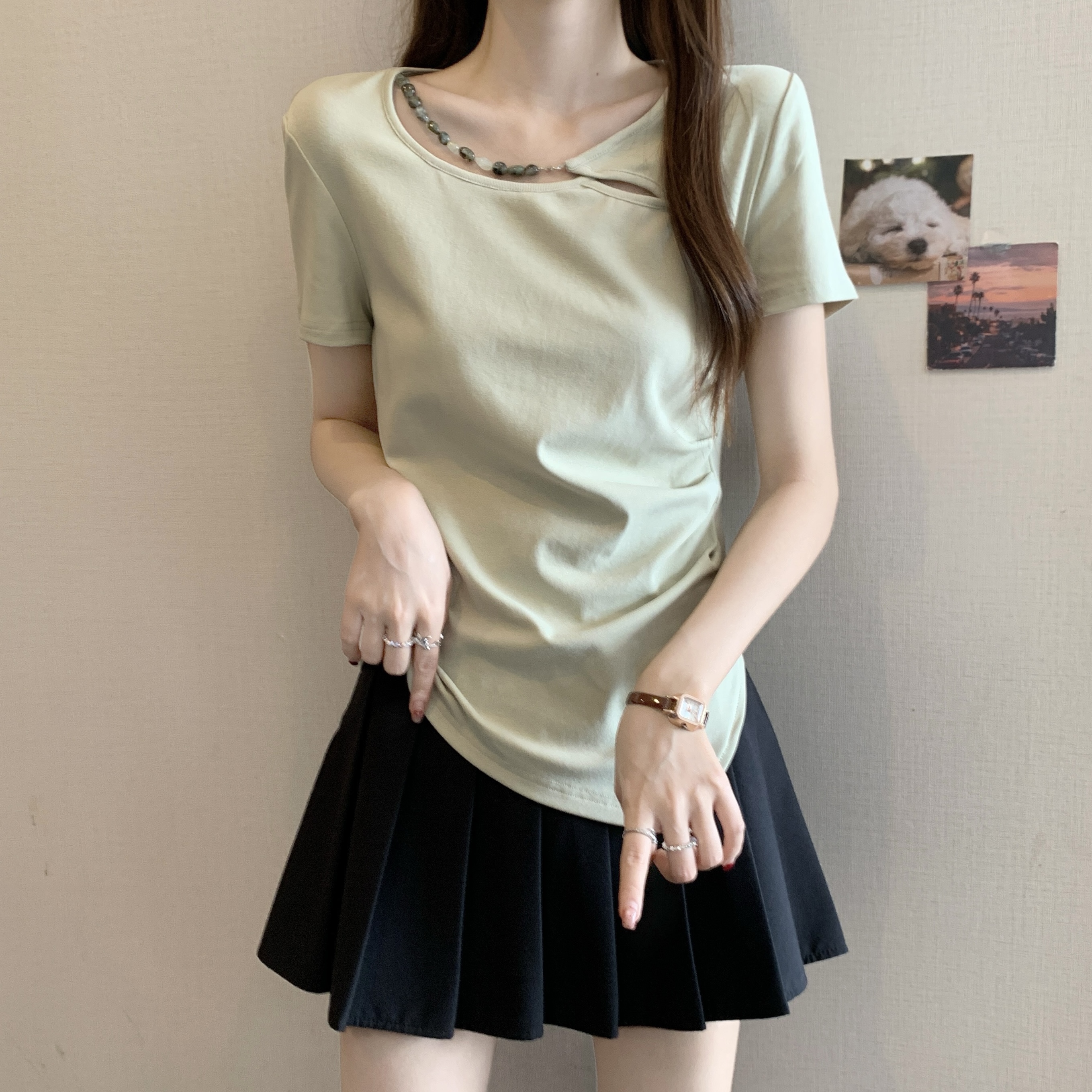 FA34394# 大码女装正肩短袖T恤女夏季新款褶皱设计感新中式上衣 服裝批發女裝批發服飾貨源