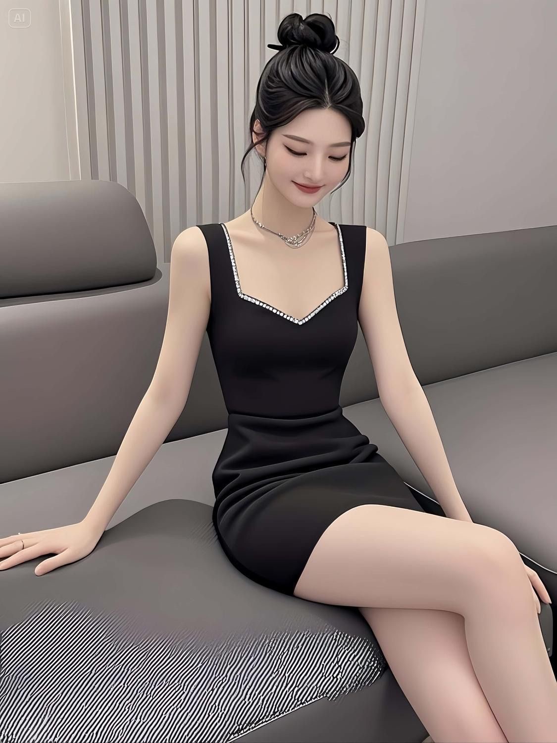 高级感夏季法式性感钉珠方领无袖轻熟风连衣裙显瘦修身短款小黑裙