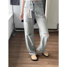 批发2025<b class='q'>大码</b>女装复古破洞牛仔裤女宽松显瘦百搭高腰直筒阔腿拖地裤子