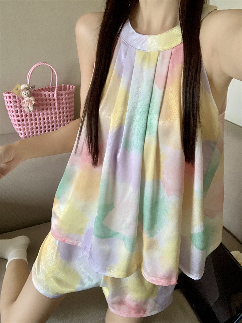 FA26210# 甜美冰丝无袖挂脖睡衣短裤两件套装女款夏天可外穿休闲家居服 服裝批發女裝批發服飾貨源