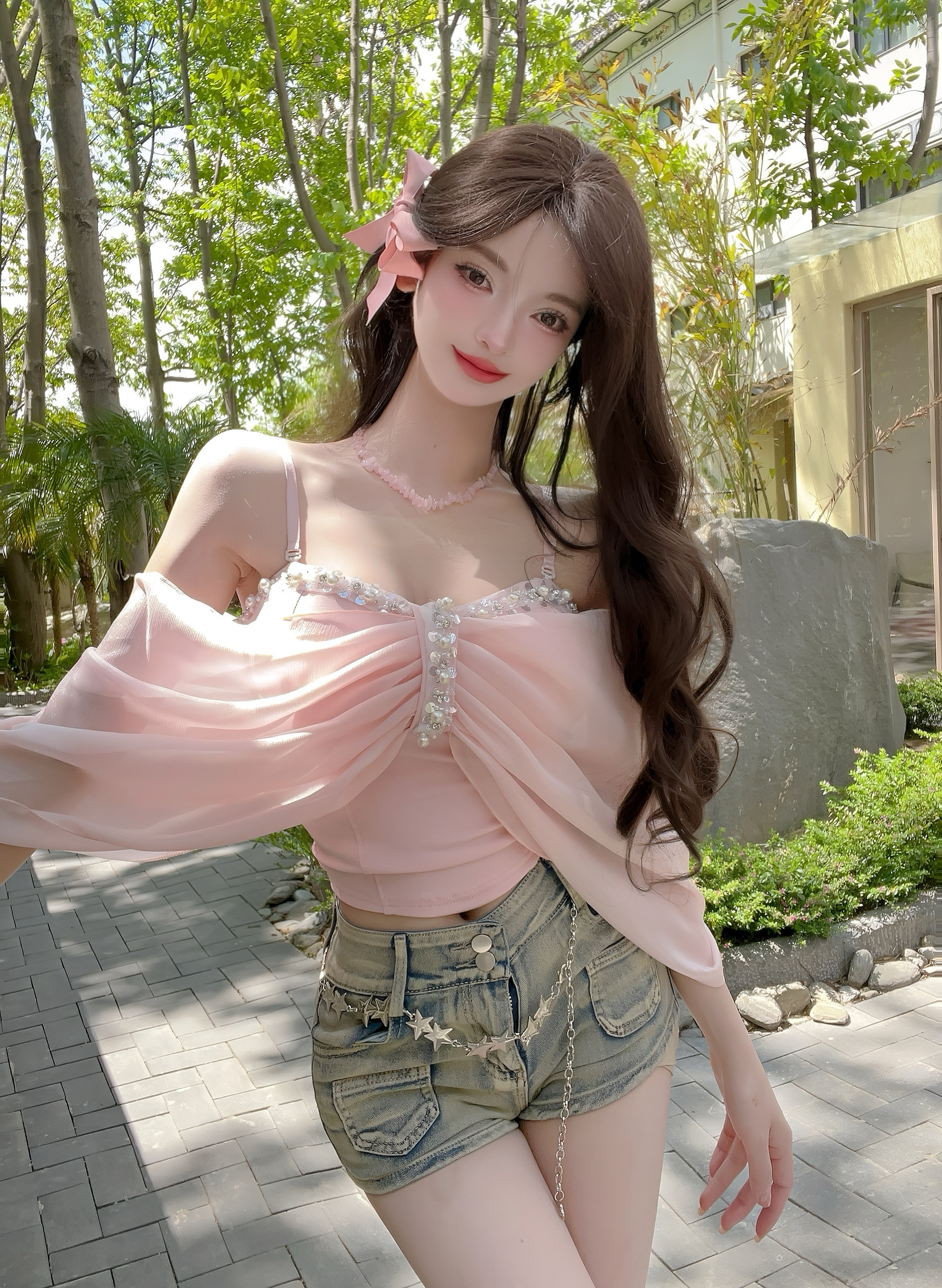 실사 인터넷 유명인 같은 단락 2026 여름 품격 명문 여성 진주 측면 망사 외부 안감 패치워크 가슴 패드 요정 슬립 의류