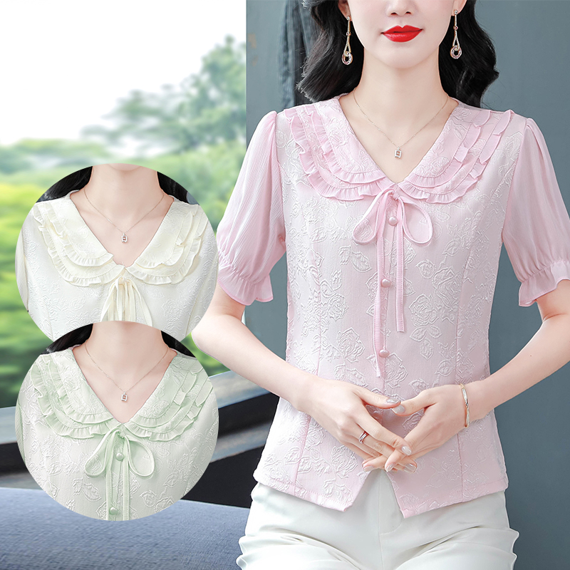 레이스 칼라 패션 연령 감소 어둠 곡물 자카드 고급 맨위 여성 여름 새로운 출퇴근 다용도 품격 셔츠