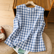 批发实拍夏季小清新蓝<b class='q'>白色</b>格子条纹打褶无袖女百搭格纹<b class='q'>衬衣</b>