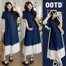批发实拍现夏季<b class='q'>孕妇装</b>肌理感格子可<b class='q'>哺乳</b><b class='q'>假两件</b>拼接衬衫连衣裙
