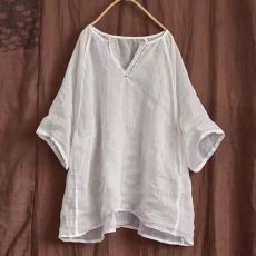 批发官网图小V领轻薄透款棉麻套头衬衫上衣凉爽手缝线五分袖宽松小衫