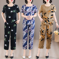 批发高端绵绸新款中年妈妈棉绸睡衣女夏季长袖薄款家居服老人两件套装