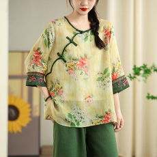 批发2026复古国风刺绣苎麻小衫女夏季新款中式斜襟盘扣茶服上衣