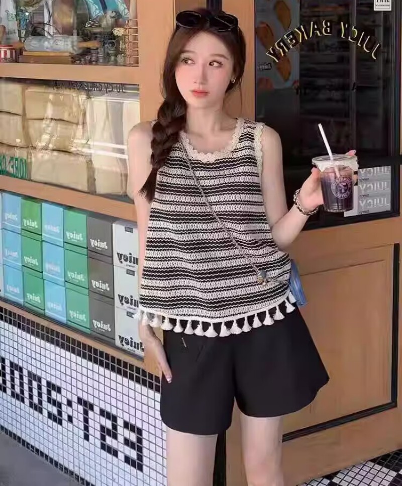 FA26922# 镂空条纹吊带背心女新款夏复古民族风流苏修身针织无袖上衣 服裝批發女裝批發服飾貨源