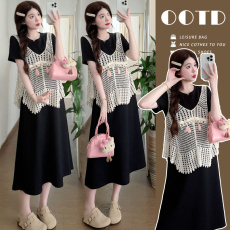 批发实拍现~ 孕妇夏新款<b class='q'>流苏</b>镂空马甲搭配<b class='q'>连衣裙</b>套装叠穿T恤裙两件套