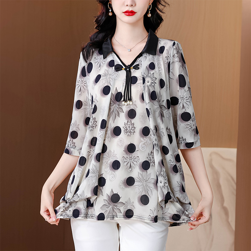 RY1864#夏季新款翻领小衫休闲百搭妈妈装宽松显瘦遮肚子上衣