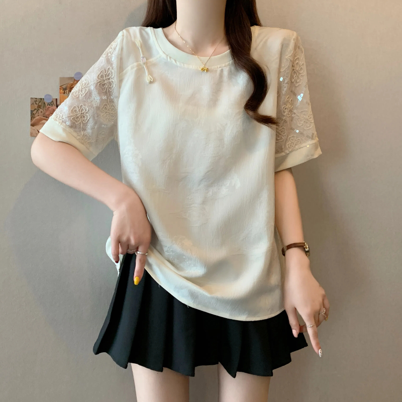MY8862# 夏季新款大码女新中式国风设计提花亮片宽松显瘦T恤上衣女裝貨源服裝批發
