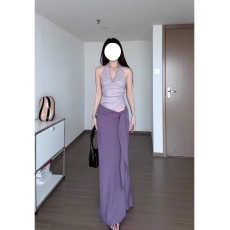批发实价有货法式紫色温绑带高腰半身裙女2026夏季减龄<b class='q'>长裙</b>子吊带套装