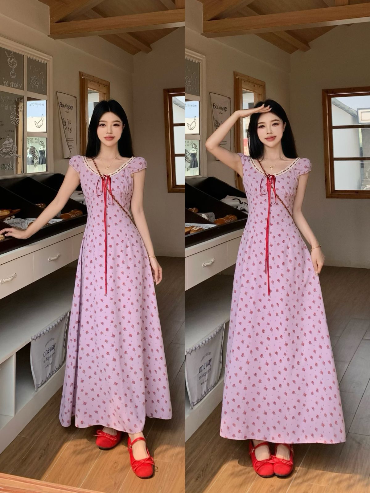 MY7539# 大码 甜美风香芋紫碎花短袖连衣裙夏季收腰显瘦修身长裙女女裝貨源服裝批發