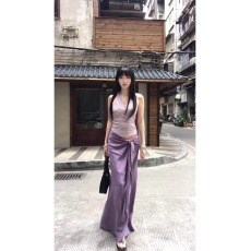 批发实价有货法式紫色温绑带高腰半身裙女2026夏季减龄<b class='q'>长裙</b>子吊带套装