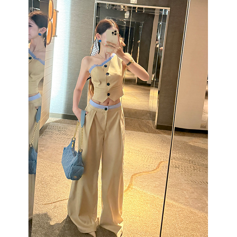 FA26503# 李婉君miu系时尚套装女设计感撞色拼接斜肩马甲休闲直筒阔腿长裤