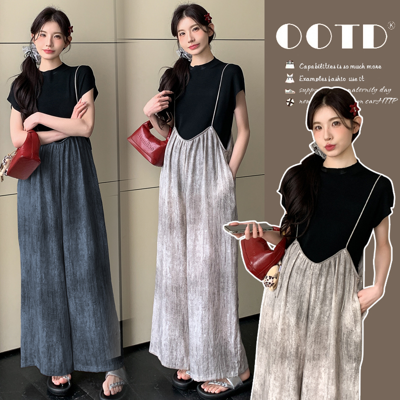 선물 실사 2026 여름 임산부 패션 홀치기 염색 넓은 다리 지퍼 멜빵 바지 얼음 실크 만나는 맨위 투피스 세트