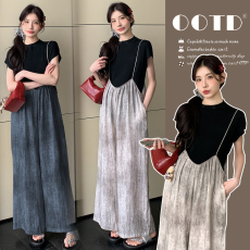 批发現实拍2026夏季孕妇<b class='q'>时尚</b>扎染阔腿拉链背带裤＋冰丝打底上衣两件套