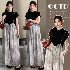 批发現实拍2026夏季孕妇<b class='q'>时尚</b>扎染阔腿拉链背带裤＋冰丝打底上衣两件套