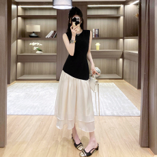 批发十三行品质 夏季新款法式设计感拼接简约撞色小A摆收腰<b class='q'>连衣裙</b>