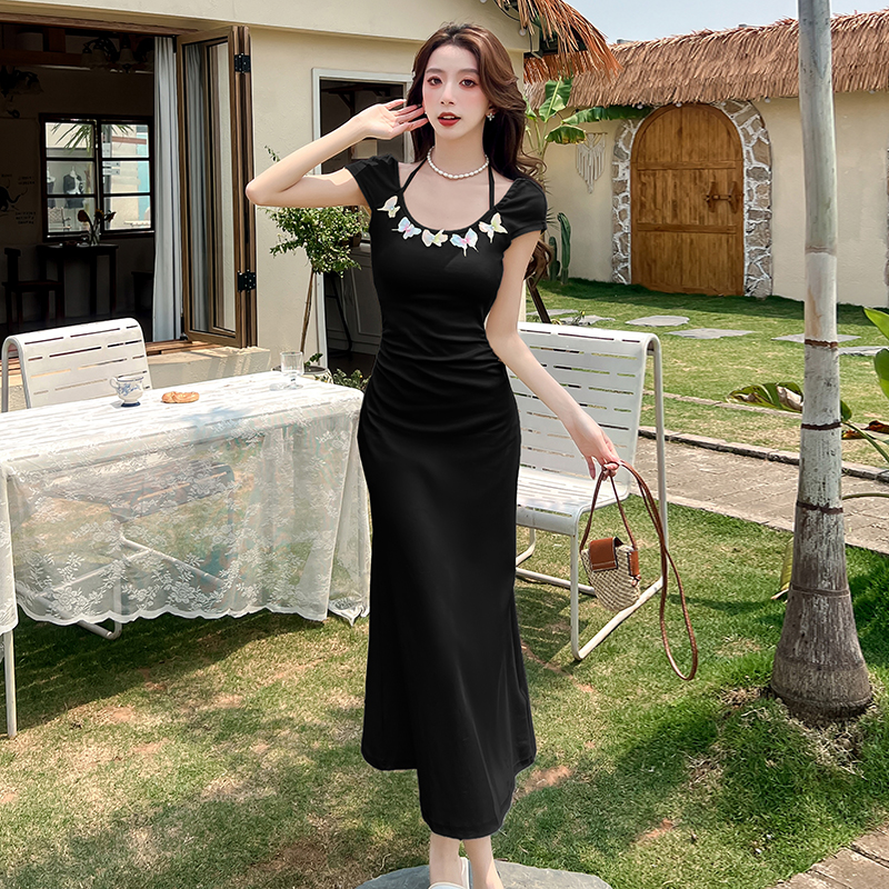 MY5966# 短袖方领连衣裙女夏季法式收腰显瘦修身针织裙气质长裙女裝貨源服裝批發