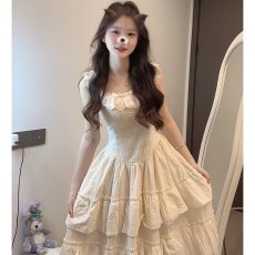 批发法式绝美小飞袖吊带连衣裙女夏季度假风超仙蕾丝拼接收腰蛋糕长裙