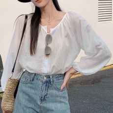 批发实拍韩版夏季圆领长袖条纹衬衫时尚百搭设计感<b class='q'>大码</b>休闲衬衣上衣