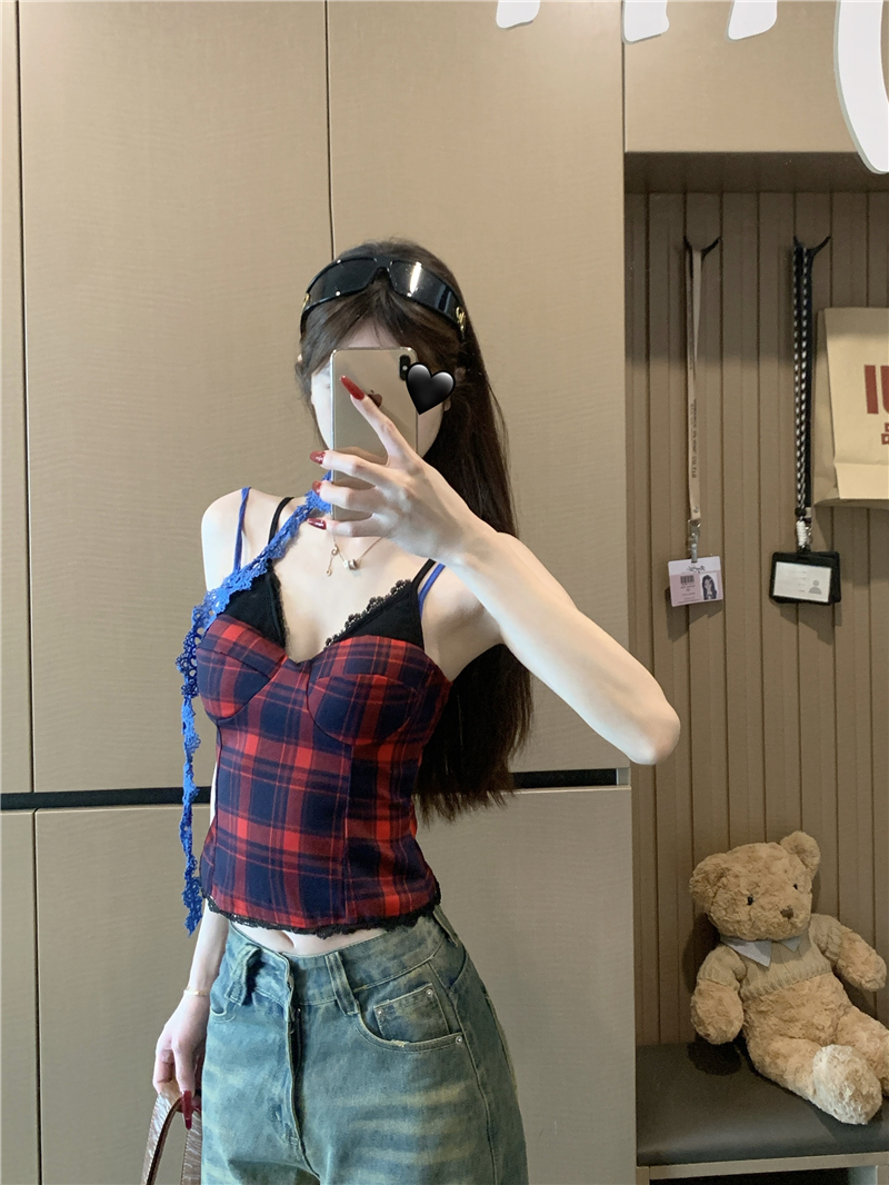 실사 정가 아메리칸 핫걸 레이스 레이스 페이크 레이어드 체크무늬 조끼 여름 몸매 가꾸기 슬림해 보이는 슬립 맨위