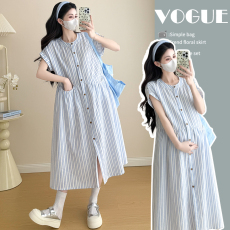 批发夏季新款孕妇装<b class='q'>条纹</b>宽松时尚休闲气质纯棉收腰显瘦中长款<b class='q'>连衣裙</b>潮