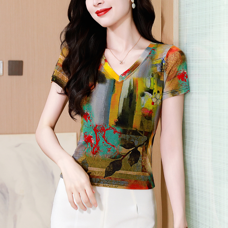MY6938# 夏季时尚纱网印花短袖V领修身显瘦洋气上衣潮女裝貨源服裝批發