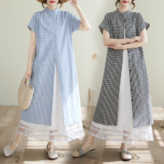 批发慵懒风复古格子叠穿<b class='q'>套装</b>长款连衣裙2026夏季新款蕾丝半身裙两件套