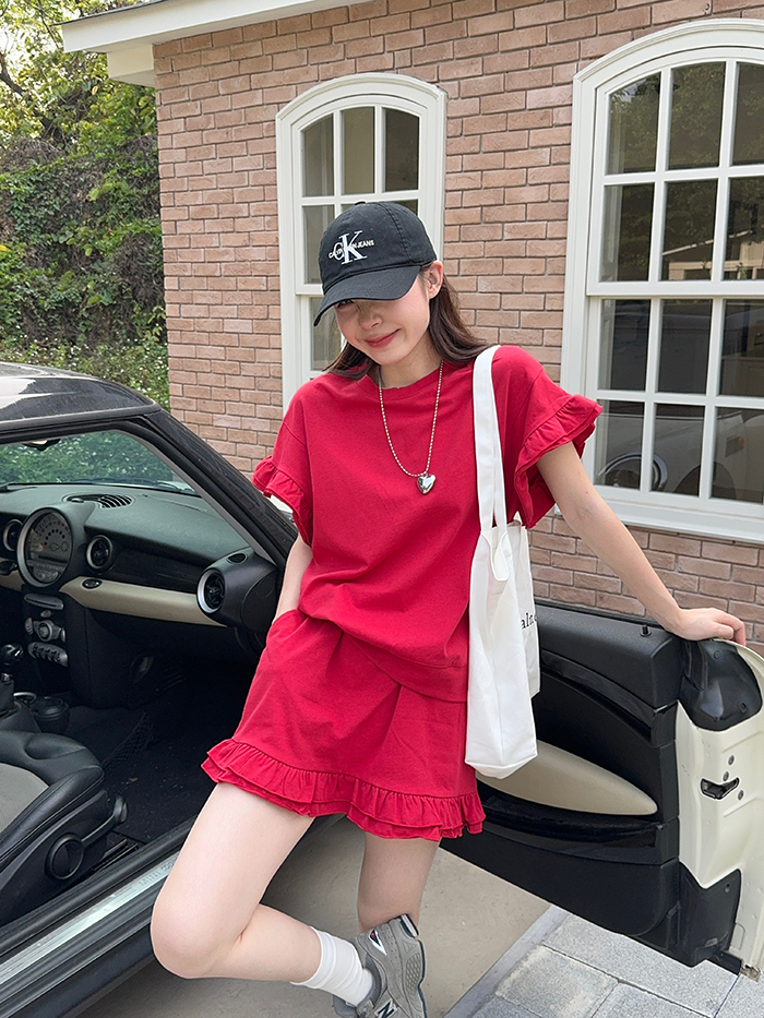 FA26527# 设计感蛋糕花边短袖T恤休闲纯色百搭短裙时尚套装