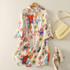 批发实拍XH童趣涂鸦印花衬衫裙女 宽松中长款七分袖棉麻连衣裙